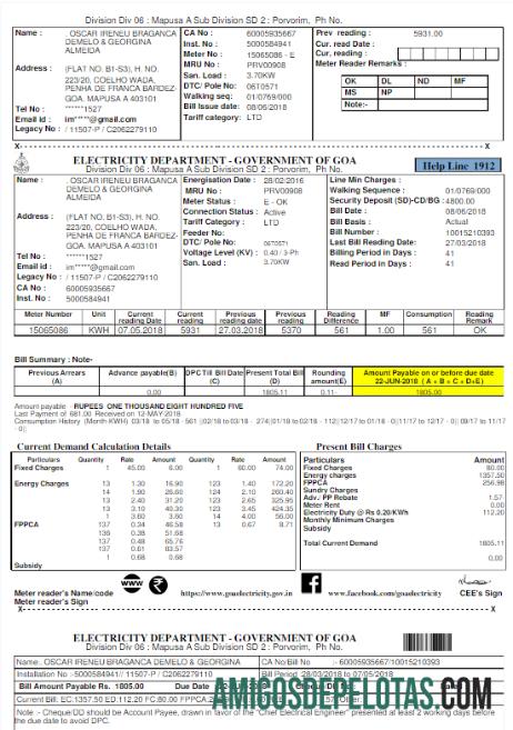 imprimível DEPARTAMENTO DE ELETRICIDADE DA ÍNDIA, GOVERNO DE GOA, projeto de lei de serviços públicos, modelo Word e PDF